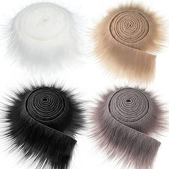 4 Pieces Faux Fox Fur Fabric Shaggy Fur Patches Fabric Trim Ribbon Chair Cover Seat Cushion Pad Supplies for DIY Craft Costume Decoration(Black, Khaki, Grey, White)