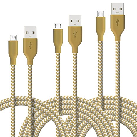 [3 Pack] Fasgear Micro USB(3ft,6ft,10ft) - Premium Charging Cables [Braided Nylon] for Samsung, Nexus, LG, Android Smartphone and More (Golden)
