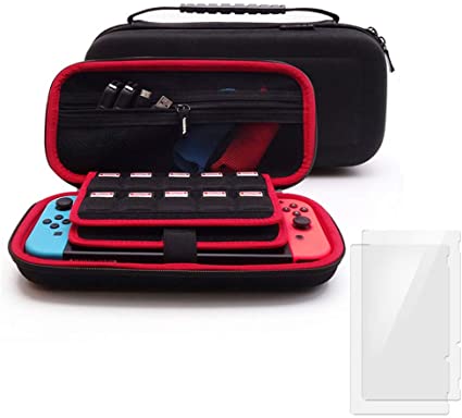 Soyan Carry Case Compatible with Nintendo Switch with 2 Pack Tempered Glass Screen Protectors, Built-in Game and Accessories Storages (Red)