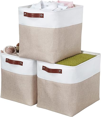 DECOMOMO Storage Baskets | Large Storage Bins 54.5L Fabric Baskets for Organizing Laundry Nursery Toys Cloth Linen Closet Organizers with Handles (Beige and White, XXXL - 3 pack)