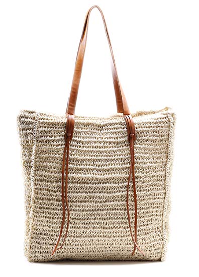 Beach Bag by Miss Fong, Straw Beach Tote Bag for Women with Inner Zipper Pocket and Leather Handle