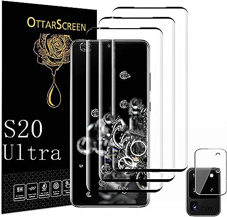 OttarScreen Galaxy S20 Ultra Screen Protector, 3 Pack Tempered Glass Screen Protector【3 1 Pack 】 1 Pack Compatible Fingerprint, Camera Lens Protector, 3D Glass 9H Hardness Tempered Glass Screen Protector for Samsung Galaxy S20 Ultra 5g