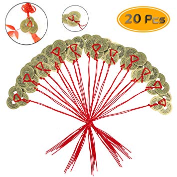 PRALB 20 Sets Chinese Fortune Coins, Chinese Coins Feng Shui Coins Lucky Coins Ching Coins Traditional Coins with Red String for Wealth and Success (5 Styles)