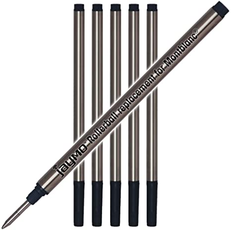 Jaymo Replacement for Montblanc 105158 - Measures 4.44 in / 113 mm Long - Rollerball Pen Refill - 6 Black