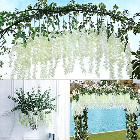 IMIKEYA 12 Pack 3.25 Feet Artificial Silk Wisteria Flowers Fake Wisteria Vine Rattan Hanging Garland Flowers String for Wedding Party Home Garden Decor, White