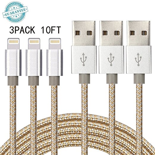 iPhone Cable DANTENG, 3Pack 10FT Extra Long Charging Cord - Nylon Braided 8 Pin to USB Lightning Charger for iPhone 7,SE,5,5s,6,6s,6 Plus,iPad Air,Mini,iPod(Gold Silver)