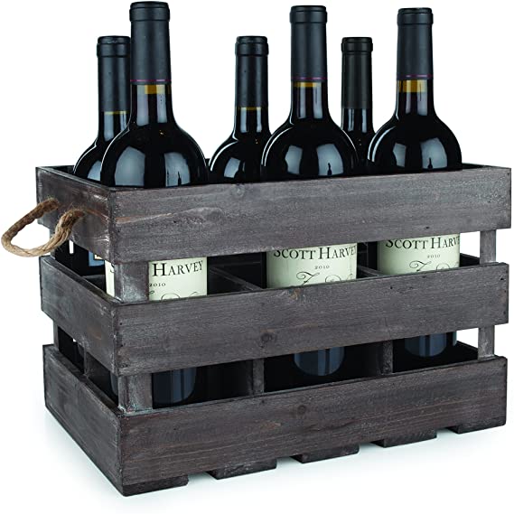 Twine Farm House Decor Wine Holder Rustic Farmhouse Wooden 6 Bottle Crate, 8.75", Dark wood