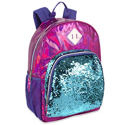 Holographic Laser Leather Reversible Sequin Backpacks for Women and Girls, with Water Bottle Holder, Padded Straps (Dark Pink)