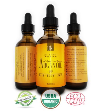 Premium 100 Pure Organic Moroccan Argan Oil Hair and Skin Treatment 2oz60ml TRIPLE Extra Virgin Grade FAST ABSORBING Certified Organic EcoCert and USDA Cold Pressed Oil For Dry Scalp Nails Cuticles Excellent Daily Moisturizer Guaranteed Results within Days