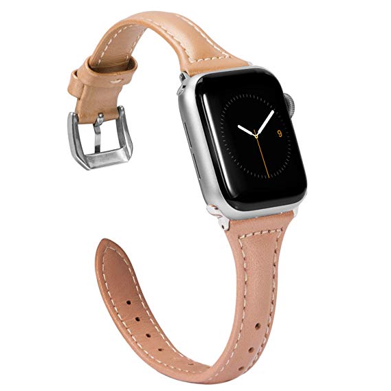 Wearlizer Thin Leather Compatible with Apple Watch Bands 42mm 44mm Womens Mens for iWatch Slim Wristband Strap Replacement Bracelet (Silver Metal Clasp) Series 4 3 2 1 Edition Sport-Champagne Brown