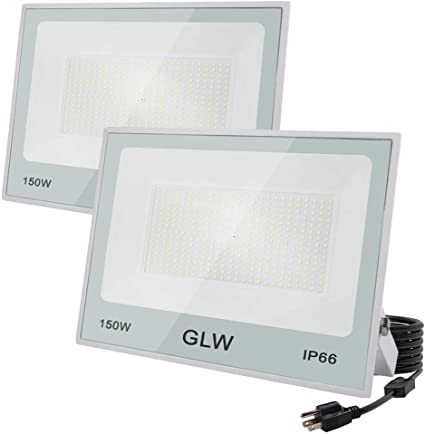 GLW 150W Outdoor Flood Light Super Bright Security Lights,IP66 Waterproof Daylight White Wall Lights with Swich and Plug,6500K 13000lm Spotlight for Playgrounds,Baskeball Court,Yard and More [2 Pack]