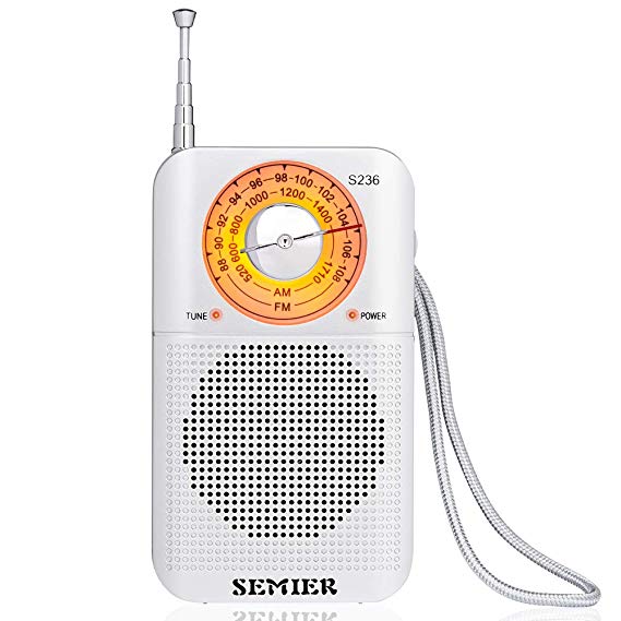 SEMIER AM/FM Battery Operated Portable Pocket Radio, AM FM Compact Transistor Radios Player Operated by 2 AA Battery,Built-in Speaker, 3.5mm Headphone Jack - Sliver