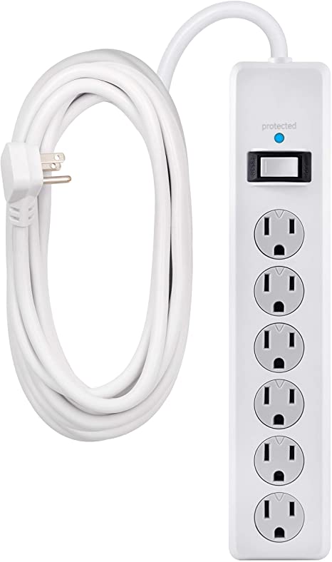 GE 6 Outlet Surge Protector, 20 Ft Extension Cord, Power Strip, 800 Joules, Flat Plug, Twist-to-Close Safety Covers, White, 50770