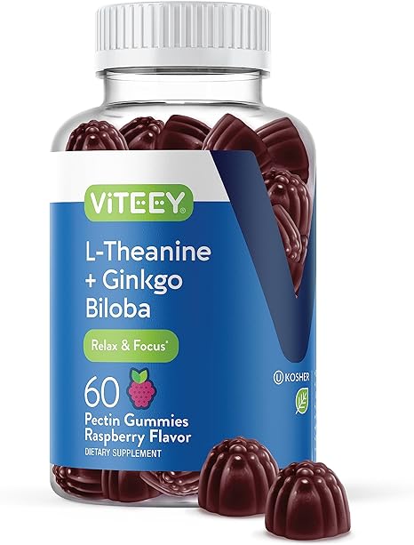 L-Theanine Gummies with Ginkgo Biloba for Adults - Aids in Focus & Relax, Improve Mood - Non GMO, Gelatin Free, Vegan, Gluten Free, Naturally Sourced Chewable Tasty Raspberry Flavored Gummy