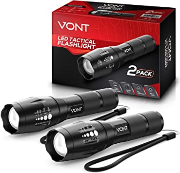 Vont 'Blaze' Tactical Flashlight, 2 PACK, LED Flashlights, Extremely Bright Flash Light, High Lumen, Adjustable Beam, Water-resistant, Great for Hiking, Camping, Survival, Emergency, Outdoors