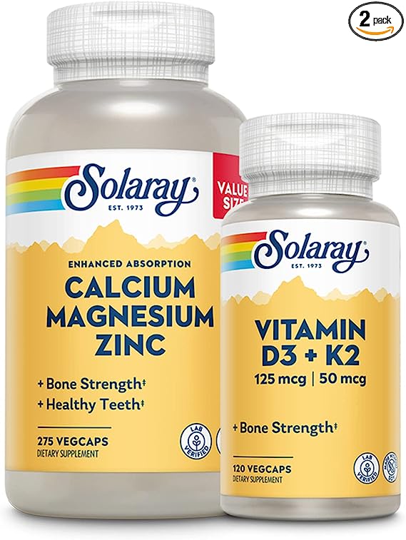 Solaray Calcium Magnesium Zinc 275ct and Vitamin D3   K2 120ct | Bone, Heart & Immune Health Supplement Bundle