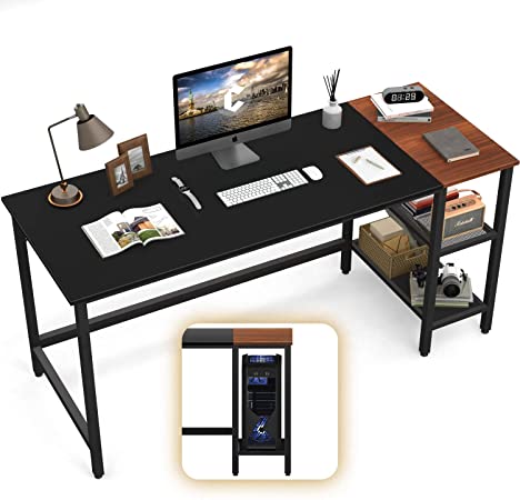 CubiCubi Home Office Computer Desk, 63 Inch Study Writing Table with Storage Shelves, Modern Simple Style PC Desk with Splice Board, Black and Espresso