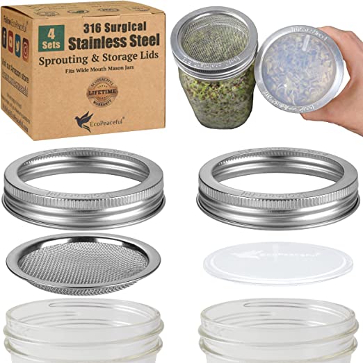 4 Pack (4 Rings, 4 Screens, 4 Inserts) Mason Jar Sprouting Lids - 316 Surgical Stainless Steel Sprouting Lids for Wide Mouth Mason Jars- Rust-Proof, BPA-free - Curved Mesh Lids for Canning Jars