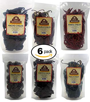 Dried Peppers 6 Pack Bundle - Ancho, Arbol, Guajillo, Pasilla, Chipotle, Cascabel Super Pack of Chiles by Ole Mission