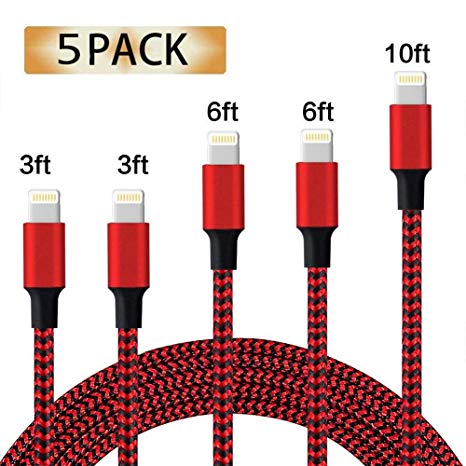 iPhone Charger, MFi Certified Lightning Cable, 5 Pack(3/3/6/6/10 FT) Extra Long Nylon Braided Charging&Syncing Cord Compatible with iPhone Xs/XR/XS Max/X/7/7Plus/8/8Plus/6S/6S Plus/5 More Red&Black