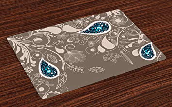 Ambesonne Paisley Place Mats Set of 4, Oriental Motifs with Swirled Branch and Flower Pattern Ethnic Bohemian Art, Washable Fabric Placemats for Dining Room Kitchen Table Decor, Pale Brown Teal