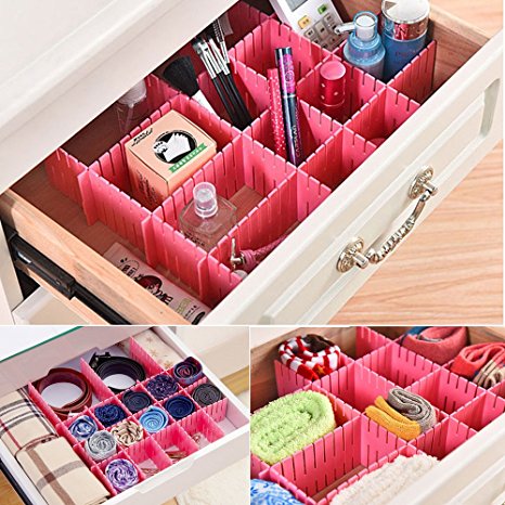 8 Pcs Plastic DIY Grid Drawer Divider Household Necessities Storage Thickening Housing Spacer Sub-grid Finishing Shelves for Home Tidy Closet Stationary Makeup Socks Underwear Scarves Organizer (pink)