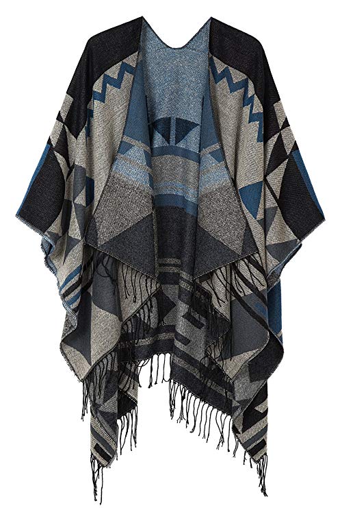 Urban CoCo Women's Printed Tassel Open front Poncho Cape Cardigan Wrap Shawl