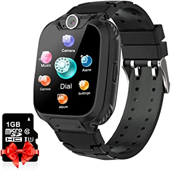 Kids Smart Watch Phone Smartwatches Music Player with SD Card Math Games Call Camera Alarm Recorder Calculator for Birthday Gift Toys Children Boys Girls 3-12 (black)