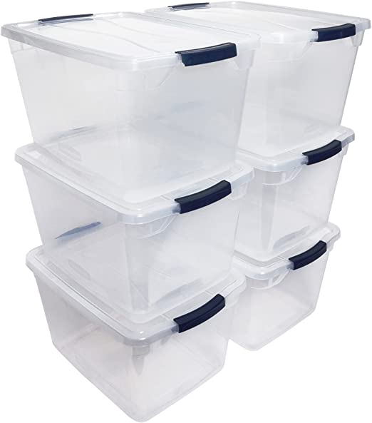 Rubbermaid Cleverstore Clear 30 QT Pack of 6 Stackable Plastic Storage Containers with Durable Latching Clear Lids, Visible Organization and Storage, Great for Closet, Laundry, and Garage Storage