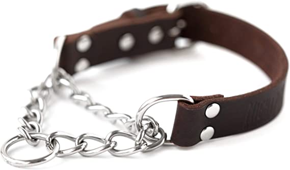 Mighty Paw Leather Training Collar, Martingale Collar, Stainless Steel Chain - Premium Quality Limited Chain Cinch Collar. (Small, Brown)