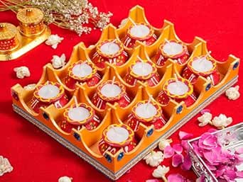 Kalki Group : RED Kalash Handcrafted Matki Diyas – Set of 12, Intricate Designs, Unscented Wax Candles, Diwali & Navratri Celebrations