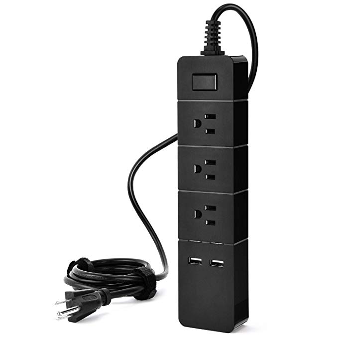 Surge Protector Elinker 3 Outlet Power Strip 2 USB Charging Ports 6ft Extension Cord Smartphone,Air Conditioner,Tablets 15A(Black)