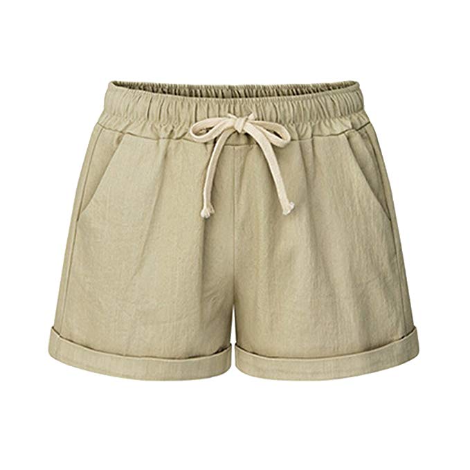Sobrisah Women's Drawstring Elastic Waist Casual Comfy Cotton Linen Knee Length Bermuda Shorts
