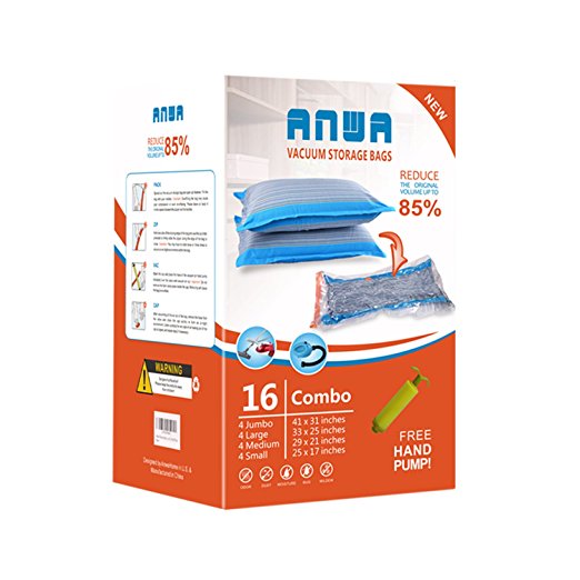 Space Saver Bags ANWA Premium Jumbo | Large | Medium | Small | Vacuum Storage Bags Double-Zip Seal and Triple Seal Turbo Valve Compression Up to 85%! (16 Pack)