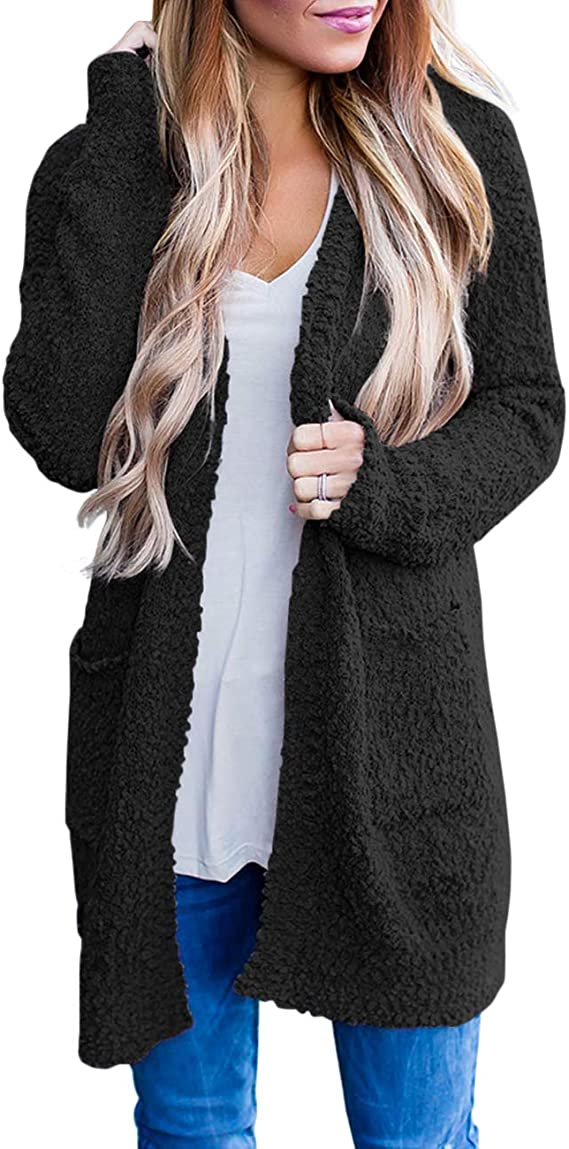 MEROKEETY Women's Long Sleeve Soft Chunky Knit Sweater Open Front Cardigan Outwear with Pockets