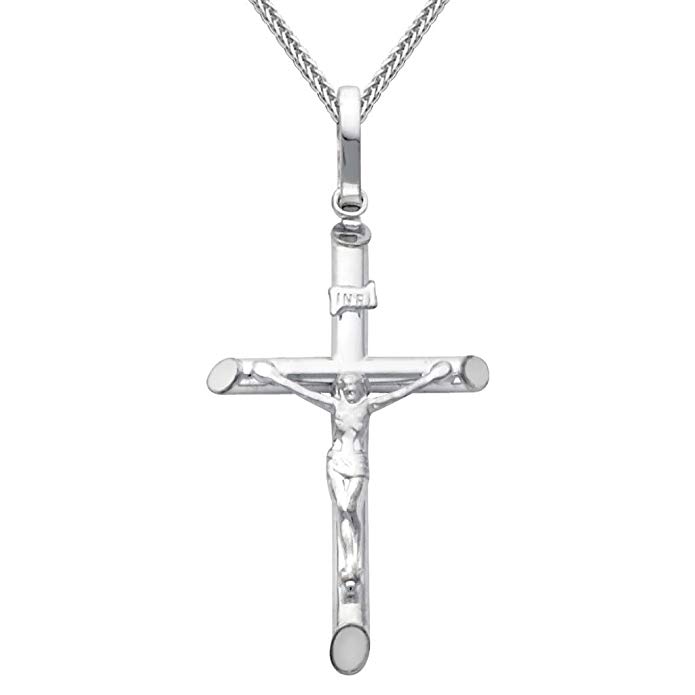 The World Jewelry Center 14k White Gold Crucifix Cross Pendant 0.8mm Braided Square Wheat Chain Necklace