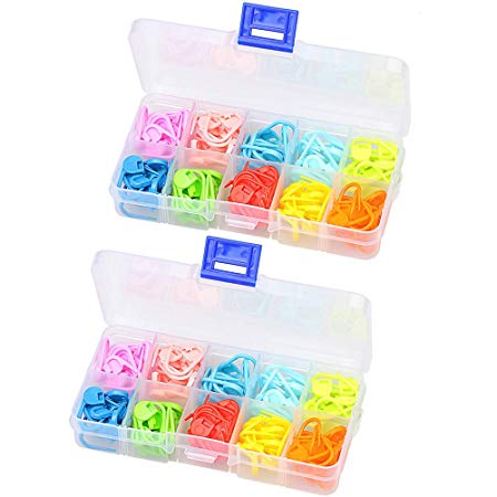 Hugesavings 240 Pieces Locking Stitch Markers, 10 Colors Stitch Markers Knitting Crochet Locking Stitch Needle Clip with 2 Plastic Boxes