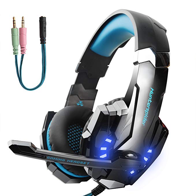 Hunterspider Gaming Headset for PS4, Xbox One Headset with Mic, Noise Cancelling Over Ear Headphones, LED Light, Bass Surround, Soft Memory Earmuffs for Laptop Mac iPad Computer Nintendo Switch Games