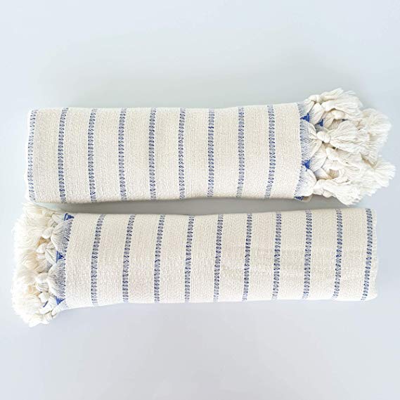 Turkish Hand Towel - Deniz Handwoven Set of 2 Series (Bamboo Cotton, Size 19X35 inches) (Cream Blue)