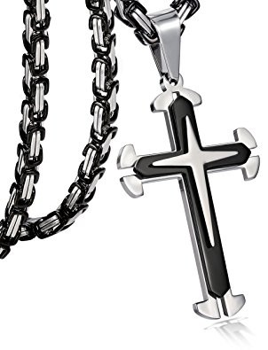 FIBO STEEL 5mm Stainless Steel Cross Necklace for Men Byzantine Chain, 22-30 inches