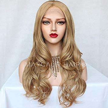 Maycaur Long Body Wave Wig Synthetic Lace Front Wigs With Baby Hair 180 Density Long Wave Synthetic Lace Front Wigs For Black Women (Golden Wavy Lace Front)