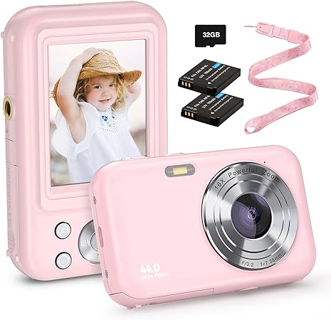 Digital Camera, FHD 1080P Kids Camera 44MP Point and Shoot Camera 16X Zoom Compact Small Photography Camera for Kids with 32G Card & 2 Batteries Portable Camera Gift for Girl Boy Students Teens (Pink)