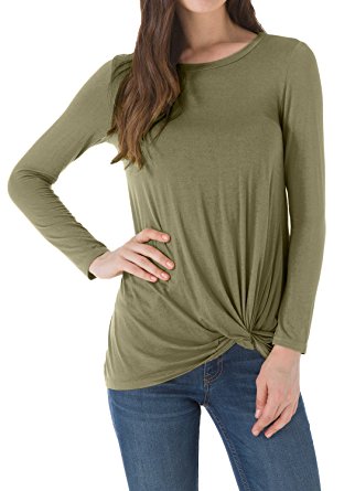 Levaca Women's Long Sleeve O Neck Twist Knot Front Loose Casual Tee Shirts