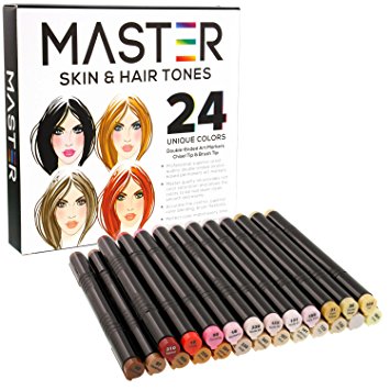 24 Color Master Markers Skin & Hair Tones Dual Tip Set - Double-Ended Art Markers with Chisel Point and Standard Brush Tip - Soft Grip Barrels - Flesh, Face, Manga, Portrait, Illustration, Sketch