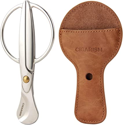 CIGARISM Hand-Polished Stainless Steel Cigar Cutter Scissors W/Leather Case (Golden Screw)
