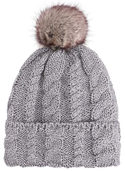 Arctic Paw Braided Heather Cable Knit Beanie with Faux Fur Pompom