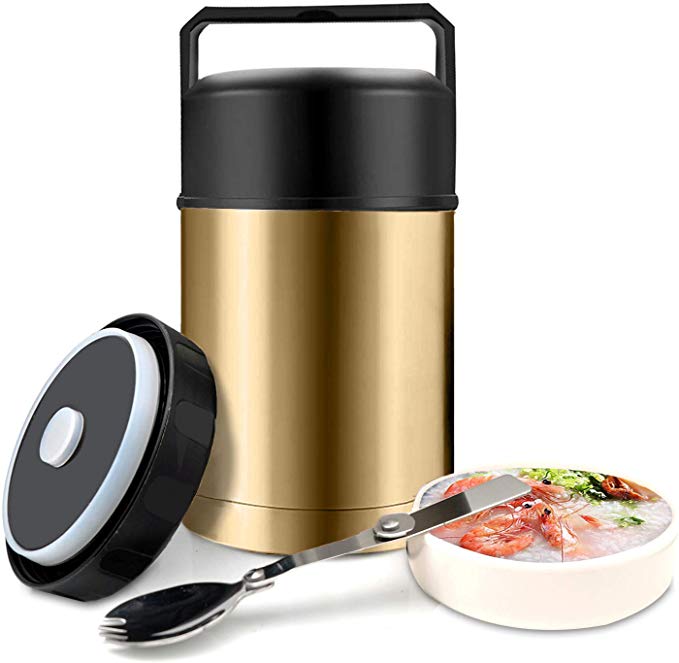 Food Jar Wide Mouth for Hot Food,304 Stainless Steel Leak Proof Double Wall Vacuum Insulated Soup Container with Handle Lid,27 oz BPA Free Thermos Lunch Box (Gold)