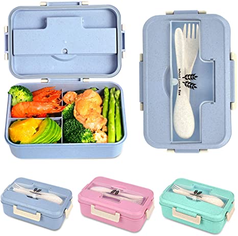 Bento Box For Kids and Adults With 3 Compartment,Wheat Fiber Leak Proof Lunch Box Food Containers With Spoon & Fork(1200ML) (Blue)