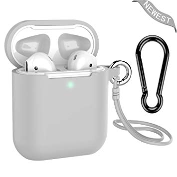 Airpods Case, Music tracker Protective Thicken Airpods Cover Soft Silicone Chargeable Headphone Case with Anti-Lost Carabiner for Apple Airpods 1&2 Charging Case (Airpods 2, Gray)