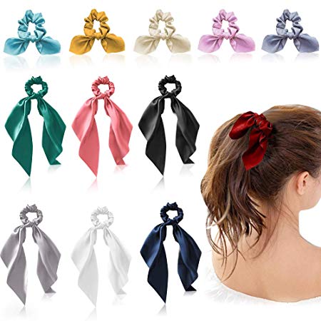 12Pcs Hair Scarf Scrunchies Satin Silk Elastic Bowknot Scrunchies with Solid Colors,Chiffon Hair Scrunchies Soft Scarf Ties,6 Long Hair Scarf & 6 Bunny Ear Scrunchies,Ponytail Holder for Women Girls